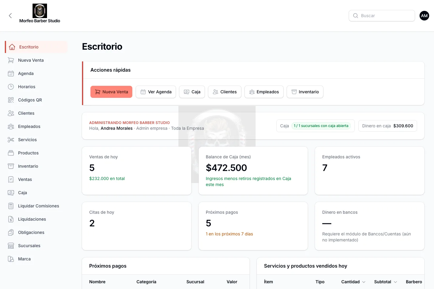 Escritorio de Morfeo Barber, el software de gestión para barberías de Morfeo